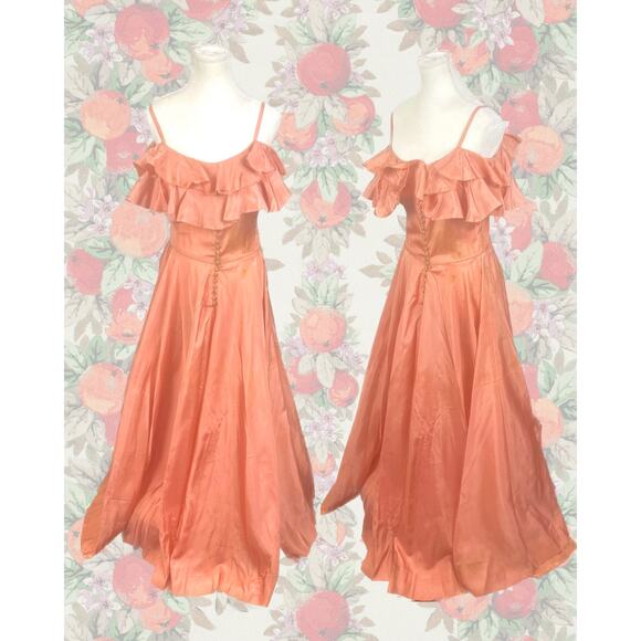 Vintage Dresses & Skirts - Vintage 1930s Wounded Bird Peach Ruffled Off Shoulder Gown Size S